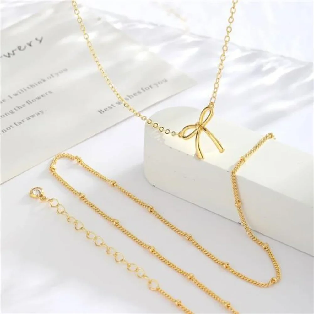 Gold Necklace for Women Bow Necklace 14K Dainty Layered Gold Necklace - Picture 6 of 8